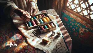 نخ و سوزن قدیمی در جعبه خیاطی ایرانی، در حال رفو پارچه؛ استعاره‌ای از ترمیم روابط و ساختن خانه‌ای امن با حس نوستالژی.