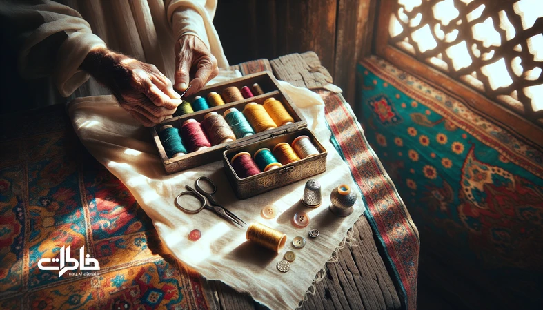 نخ و سوزن قدیمی در جعبه خیاطی ایرانی، در حال رفو پارچه؛ استعارهای از ترمیم روابط و ساختن خانهای امن با حس نوستالژی.