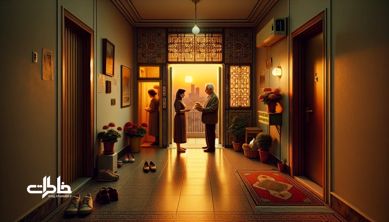 تصویر همسایه‌داری قدیمی در عصر آسانسور؛ سلام دم‌در، گلدان شمعدانی، درِ آسانسور و نور گرم عصرگاهی در راهروی آپارتمان ایرانی. مجله خاطرات