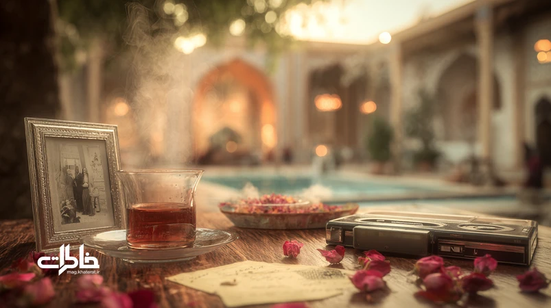 تصویر نوستالژیک خاطره‌درمانی عاشقانه با قاب عکس قدیمی، نامه‌های دست‌نویس و نوار کاست کنار استکان چای زعفرانی در حیاط ایرانی