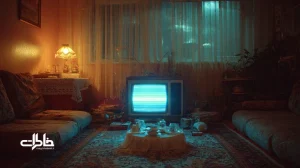 اتاق‌نشیمن ایرانی دهه ۶۰ با یک تلویزیون لامپی و نور آبی، خانواده دور پشتی و قالیچه با سینی چای؛ بازنمایی نوستالژیک زندگی با یک تلویزیون