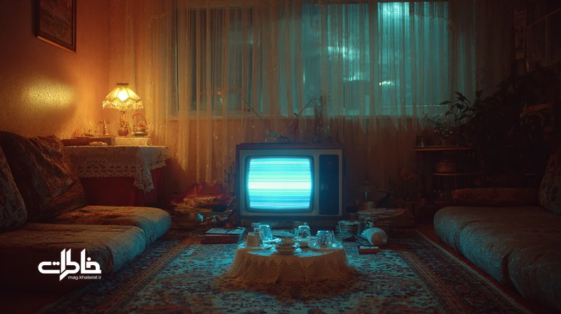 اتاق‌نشیمن ایرانی دهه ۶۰ با یک تلویزیون لامپی و نور آبی، خانواده دور پشتی و قالیچه با سینی چای؛ بازنمایی نوستالژیک زندگی با یک تلویزیون