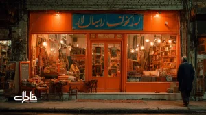 خیابان قدیمی ایران با ویترین نارنجی، تابلو مغازه آبی و نور گرم لامپ‌ها؛ برانگیزاننده خاطرات شهری و تجربه خرید محلی