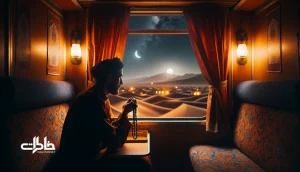 تصویر قطار شب‌رو با مسافری در حال دعا و تسبیح، نور مهتاب و منظرهٔ شبانه؛ نمادی از زیارت آرام و خاطره‌سازی مسیر در سفر ایرانی.