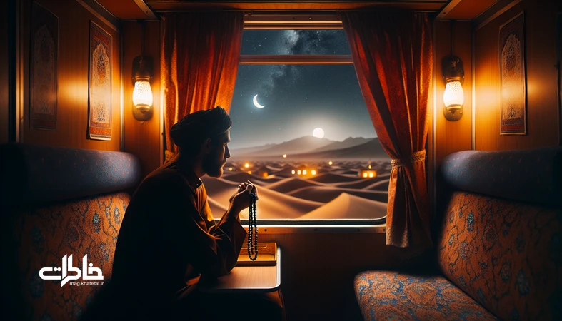 تصویر قطار شبرو با مسافری در حال دعا و تسبیح، نور مهتاب و منظرهٔ شبانه؛ نمادی از زیارت آرام و خاطرهسازی مسیر در سفر ایرانی.