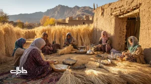 صحنهٔ پاییز و بوی خرمن در روستای ایران؛ خانواده در حال برداشت محصول با خرمن‌کوبی، نور غروب، دیوار کاه‌گلی و فضای نوستالژیک