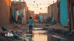 کودک ایرانی با فرفره کاغذی در باد عصرگاهیِ کوچه‌ای با دیوار کاه‌گلی و جوی آب؛ روایتی از خاطرات محله و بازی‌های ساده.مجله خاطرات