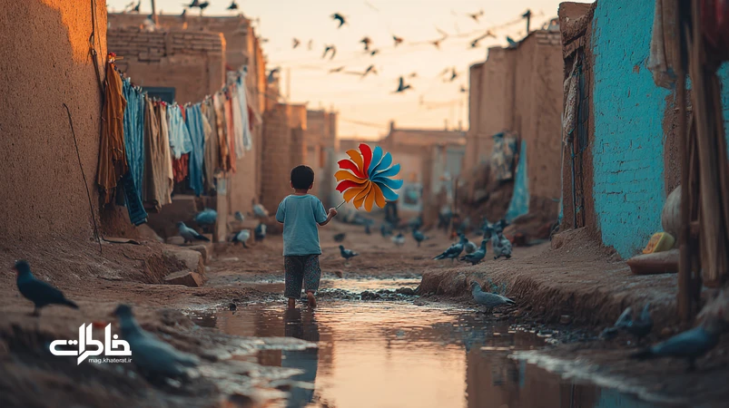 کودک ایرانی با فرفره کاغذی در باد عصرگاهیِ کوچه‌ای با دیوار کاه‌گلی و جوی آب؛ روایتی از خاطرات محله و بازی‌های ساده.مجله خاطرات