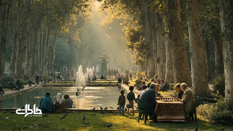 پارک‌ها و فضای سبز ایران؛ خانواده‌ها در پیک‌نیک، کودکان در حال بازی، نیمکت‌های گفت‌وگو و آب‌نما؛ تصویری از روابط اجتماعی و خاطرات شهری.مجله خاطرات