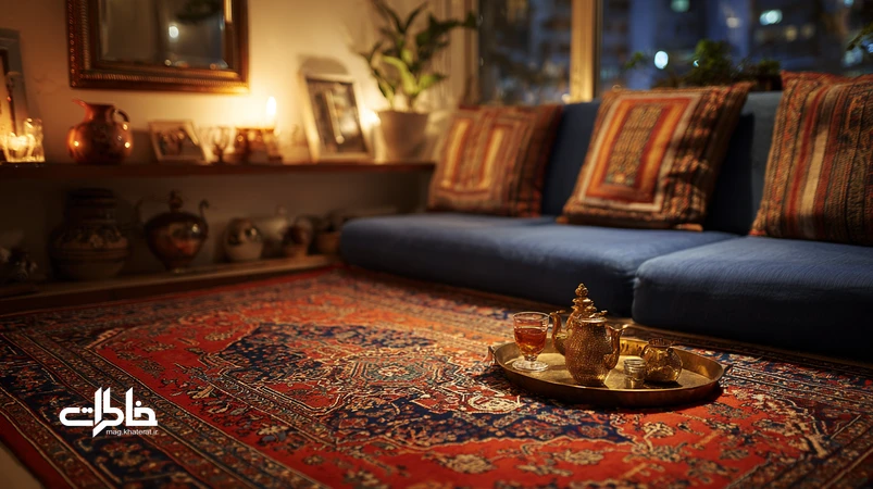 فرش ایرانی دست‌باف با نقش ترنج و بته‌جقه در نشیمن کوچک ایرانی با نور موضعی گرم و پشتی؛ نماد حافظه نقش و رنگ در فرهنگ خانه‌های ایرانی.مجله خاطرات