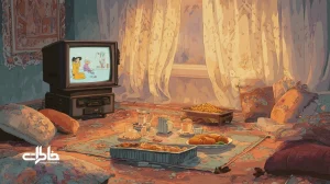 نوستالژی پرشین‌تون و عصر طلایی دوبله‌های کودک در یک نشیمن ایرانی دهه ۷۰؛ تلویزیون قدیمی، فرش ایرانی، چای و جمع خانوادگی.مجله خاطرات