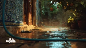 حیاط ایرانی خیس بعد از باران با بوی خاک نم‌خورده و شلنگ آب روی آسفالت داغ؛ حس پاکی، شروع دوباره و نوستالژی.مجله خاطرات