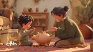 صحنه‌ای نوستالژیک از شکستن قلک سفالی ایرانی با حضور کودک و والد، سکه‌ها، قلک شفاف و جدول هدف؛ آموزش پس‌انداز و خاطرات کودکانه.مجله خاطرات