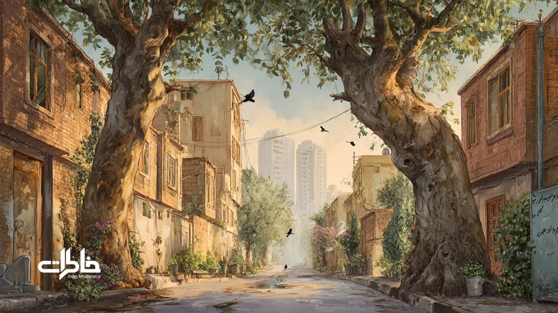 کوچهای ایرانی با چنارهای قدیمی و برجهای پسزمینه؛ آبپاشی صبحگاهی، طوقه باز و پلاک قصه روی تنه برای زنده نگه داشتن خاطرات محله
