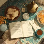 تصویر مفهومی پلی‌لیست بوها و صداها در خانهٔ ایرانی با دفتر دست‌نویس، نوار کاست، سماور، بوی بهارنارنج و نان تازه برای خاطره‌درمانی