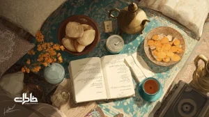 تصویر مفهومی پلی‌لیست بوها و صداها در خانهٔ ایرانی با دفتر دست‌نویس، نوار کاست، سماور، بوی بهارنارنج و نان تازه برای خاطره‌درمانی