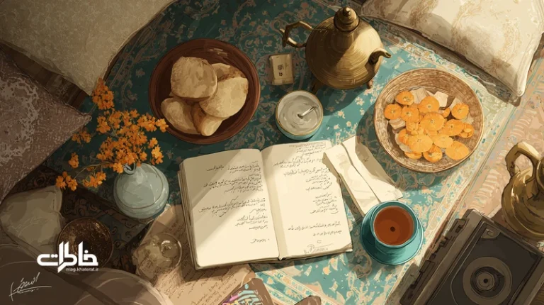 تصویر مفهومی پلی‌لیست بوها و صداها در خانهٔ ایرانی با دفتر دست‌نویس، نوار کاست، سماور، بوی بهارنارنج و نان تازه برای خاطره‌درمانی