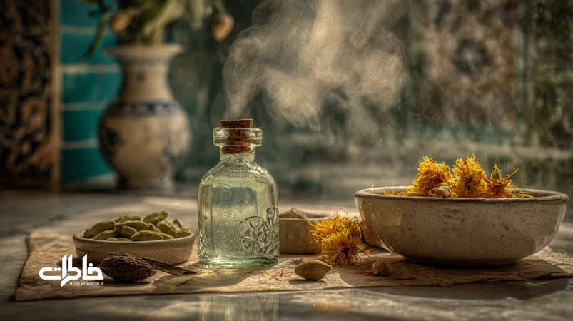 تصویر هنری از گلاب، بهارنارنج، زعفران و هل در کنار حیاط خیس از باران؛ نمادی از نقش رایحههای خوش در آرامش عاطفی و تقویت حافظه.