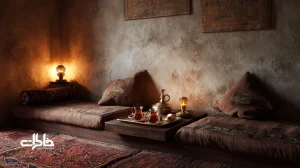 چیدمان کف‌نشینی با پشتی در فضای الهام‌گرفته از قهوه‌خانه؛ نماد فروتنی و صمیمیت در خاطرات ایرانی با نور گرم و سینی چای
