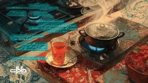 تصویر مفهومی پیوند سفره‌ی ایرانی، لیوان چای و صفحهٔ موبایل با ضرب‌المثل‌ها؛ بازتاب حافظه زبانی و نوستالژی در زندگی روزمرهٔ امروز