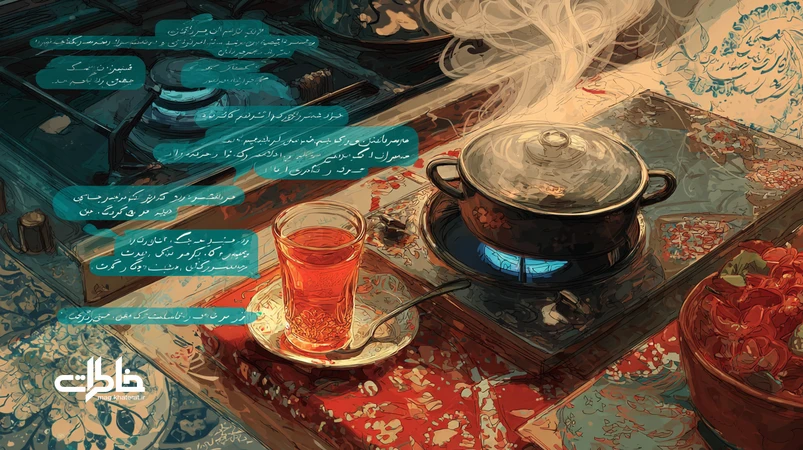 تصویر مفهومی پیوند سفره‌ی ایرانی، لیوان چای و صفحهٔ موبایل با ضرب‌المثل‌ها؛ بازتاب حافظه زبانی و نوستالژی در زندگی روزمرهٔ امروز