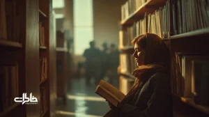 نمای داخلی کتابخانه‌ عمومی ایران با نور عصرگاهی، قفسه‌های چوبی و خواننده‌ای که بوی کاغذ کتاب را استشمام می‌کند؛ پیوند بوی کاغذ و حافظه‌ جمعی.مجله خاطرات