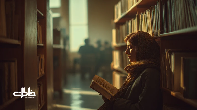 نمای داخلی کتابخانه عمومی ایران با نور عصرگاهی، قفسههای چوبی و خوانندهای که بوی کاغذ کتاب را استشمام میکند؛ پیوند بوی کاغذ و حافظه جمعی.مجله خاطرات