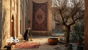 قالی‌کوبی در حیاط قدیمی؛ فرش ایرانی روی طناب، نور طلایی صبح و گرد و غبار معلق در هوا.