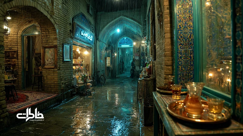 باران در شعر و سینمای ایران؛ حیاط سنتی با حوض آبی و باران، کوچه قدیمی و پنجره آپارتمانی با نور گرم و چای، پیونددهندهٔ خاطرات و تولد دوباره