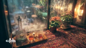 تصویر خانه ایرانی در غروب بارانی با پنجره بخارگرفته، چای و سماور؛ بازتابی از صدای باران پشت پنجره و نوستالژی دهه ۶۰ و ۷۰ در فضایی آرام. مجله خاطرات