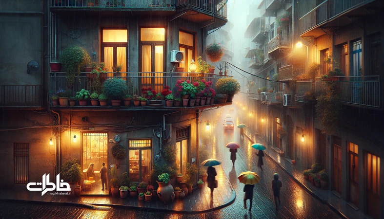 غروب بارانی در خیابان شلوغ ایرانی با چترها، بازتاب چراغهای محله روی آسفالت خیس و بالکنی با گلدانهای سفالی؛ تداعی بوی خاک و صدای باران