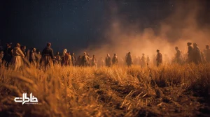 جشن روستایی پس از برداشت گندم با رقص داس‌ها، نوازندهٔ دایره، دود کاه و نور فانوس در شبی نوستالژیک؛ بازتاب موسیقی محلی و آیین‌های جمعی.مجله خاطرات