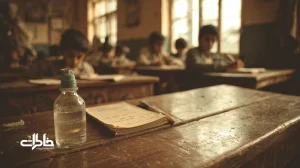 بطری چسب مایع رازی روی میز چوبی کلاس‌های دهه ۶۰ و ۷۰ با نور پنجره‌های بلند؛ نوستالژی بوی مدرسه و خاطرات دانش‌آموزان ایرانی