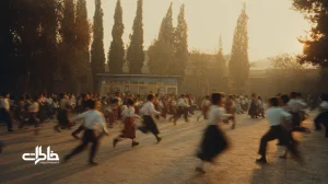 حیاط مدرسه در زنگ تفریح با بچه‌ها، بوفهٔ قدیمی نان‌وپنیر، سایهٔ سروها و نور عصرگاهی؛ روایتی نوستالژیک از هیاهوی مدرسه و خوراکی‌های ساده.