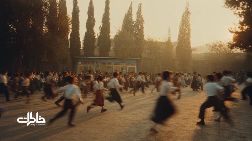 حیاط مدرسه در زنگ تفریح با بچه‌ها، بوفهٔ قدیمی نان‌وپنیر، سایهٔ سروها و نور عصرگاهی؛ روایتی نوستالژیک از هیاهوی مدرسه و خوراکی‌های ساده.