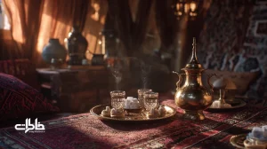 سماور و استکان چای با قند و کله‌قند در نشیمن ایرانی، دو دست در حال آشتی؛ پیوند چای شیرین و صحنه تئاتر در آشتی در هنر ایرانی