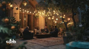 دورهمی خانوادگی در حیاط ایرانی با تلفن همراه و اسپیکر کوچک برای موسیقی جمعی در عصر دیجیتال؛ چراغ‌های ریسه و چای روی میز