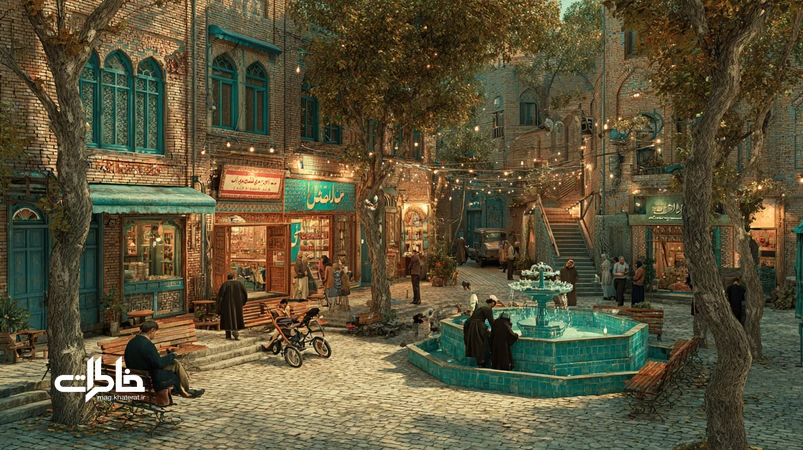 تصویر میدان محلی ایرانی در غروب با نور گرم، نیمکت‌های دوسویه، آب‌نمای کاشی فیروزه‌ای، صف نانوایی و حضور همسایه‌ها؛ نمونه‌ای از فضای مشارکتی.مجله خاطرات