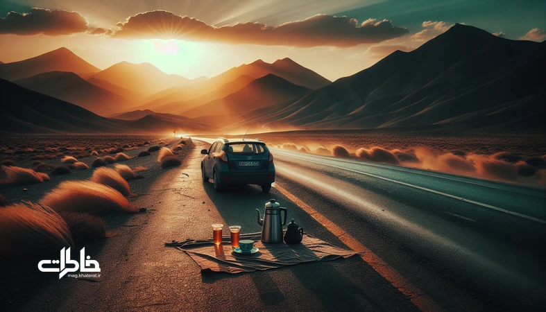 توقف کنار جاده در غروب؛ خودرویی با فلاشر روشن، باد در علفها، نور طلایی بر آسفالت و کوهستان دوردست؛ لحظهای برای دیدن آسمان و شنیدن باد