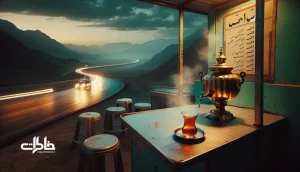 چای لب جاده در غروب ایران با سماور برنجی بخاردار، استکان‌کمر کهربایی و رد چراغ ماشین‌ها؛ تصویری نوستالژیک از توقف بین‌راه و طعم سفر