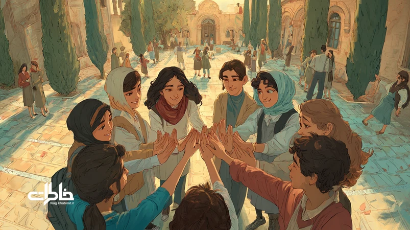 کودکان ایرانی در حیاط مدرسه در حال بازی سنگ کاغذ قیچی با حالوهوای نوستالژیک؛ بازتاب فرهنگ عامه و خاطرات جمعی.مجله خاطرات