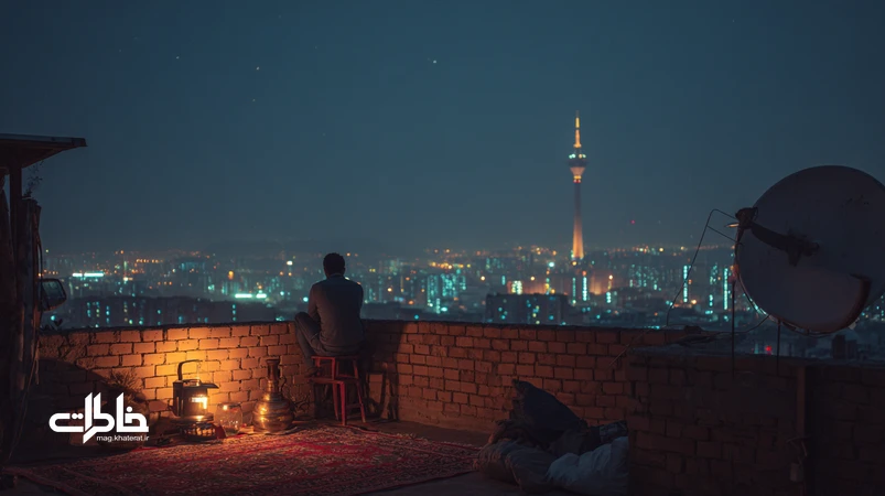 نمایی سینمایی از بام شهری تهران با استکان چای، سماور و چراغهای شهر؛ نماد خلوت و اعتراف در ادبیات و سینمای ایران