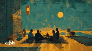 شب‌نشینی ایرانی با فانوس زرد و ساز تار روی بام تابستانی؛ بازتاب موسیقی و نقاشی نوستالژیک در فضای صمیمی و جمعی.