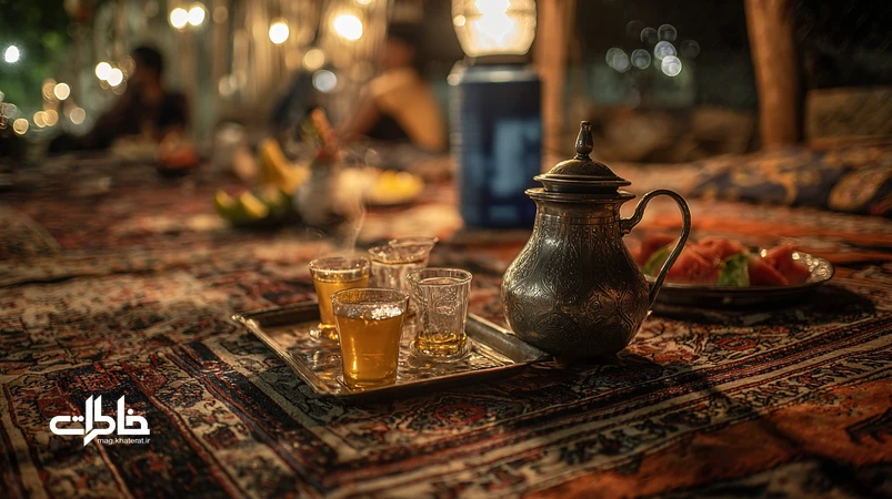 شبنشینی صمیمی ایرانی روی بام با چای کمر باریک، هندوانه و نور زرد ملایم زیر آسمان پرستاره برای تقویت اعتماد.