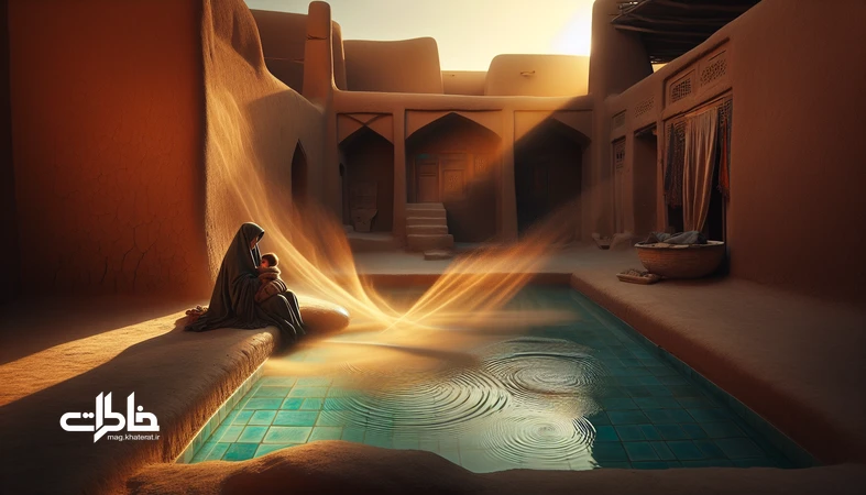 مادر روستایی در حیاط کاهگلی کنار حوض فیروزهای در حال زمزمهٔ لالایی؛ تصویری از آرامش و نقش صدا در کاهش اضطراب شهر و خاطرهسازی.