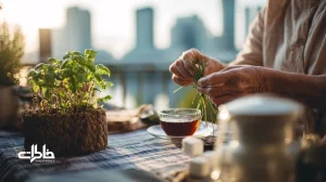 دست‌هایی در حال گره‌زدن سبزه در سیزده‌به‌در با نور عصرگاهی؛ نماد امید و گشایش در نوروز، با حال‌وهوای خانوادگی و شهری