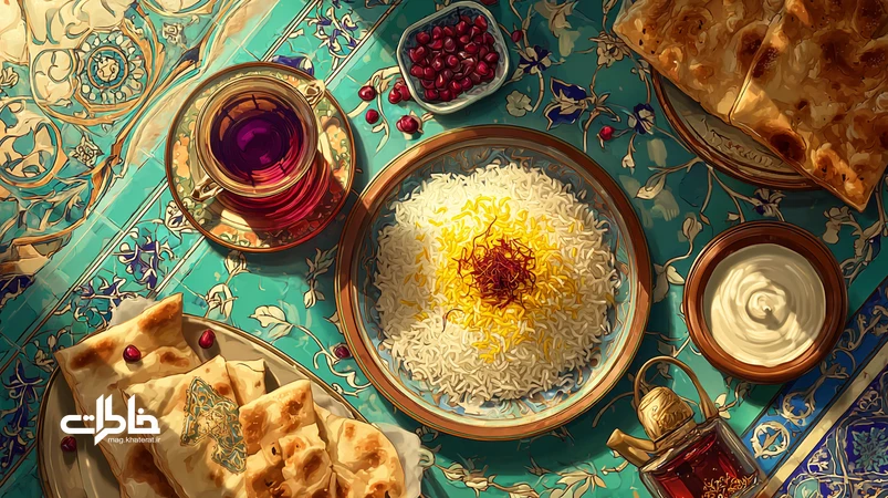 تصویر هنری از سفرهی ایرانی با برنج زعفرانی، چای زعفران و نان؛ روایتی از هنر زعفران در فرهنگ ایران از مشهد تا شیراز و پیوند با خاطرات جمعی