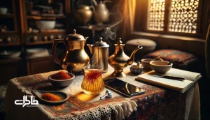 آیین چای زعفرانی در خانهٔ ایرانی در عصر دیجیتال؛ استکان طلایی، بخار ملایم، سماور و کتری برقی کنار هم و موبایل کنار گذاشته‌شده برای آرامش و نوستالژی.