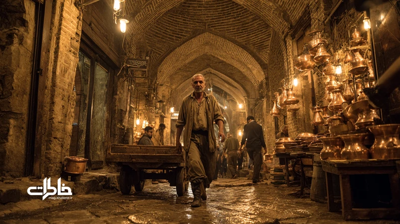 سقالکچی بازار قدیمی در گذر مسگرها با نور زرد لامپها، چرخدستی و طناب، و جرقههای چکشکاری روی مس؛ فضای اصیل بازار سنتی ایران.مجله خاطرات