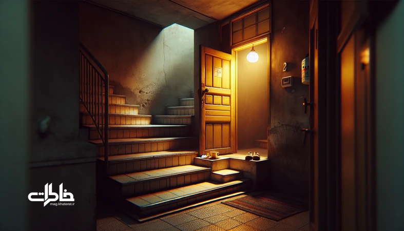 تصویر آیینی سلام دمدر در آپارتمان ایرانی؛ پاگرد با لامپ زرد، آستانهٔ در نیمهباز و کفشها؛ نماد صمیمیت و نوستالژی در شهر مدرن